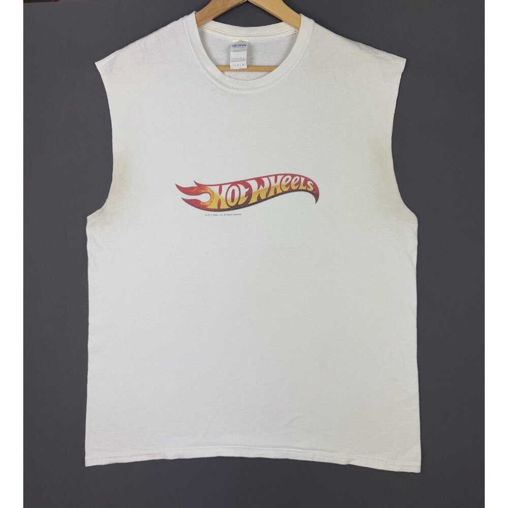 Vintage Y2K Hot Wheels Car Toy Promo Cut Off Sleeve White Shirt Large Rare Flame